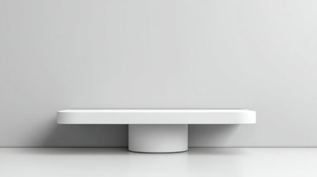 A sleek, minimalist display stand set against a soft gray wall. This modern piece is perfect for showcasing products, artwork, or decorative items in any stylish space.の素材