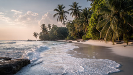 A stunning view of a tropical beach at sunset, featuring palm trees and gentle waves washing ashore, evoking serenity and relaxation in a picturesque setting.の素材