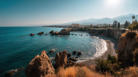 A captivating coastal view featuring golden rocks, tranquil blue water, and a clear sky, perfect for capturing the essence of summer vacations and nature's beauty.の素材