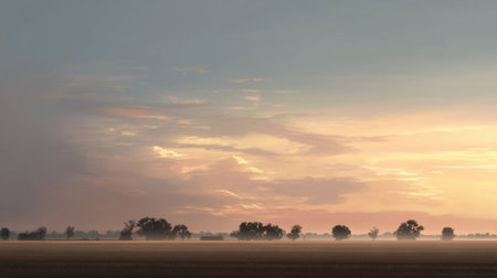 Experience a tranquil landscape at dusk featuring a soft color palette and misty horizon that captures the serene beauty of nature in a peaceful setting.の素材