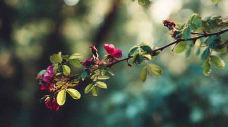 A stunning close-up of delicate pink rose blooms on a branch, set against a backdrop of lush green foliage, capturing the beauty of nature in soft light.の素材
