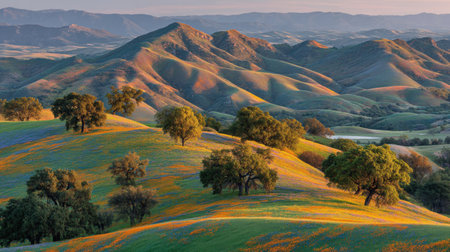 This stunning landscape showcases rolling hills adorned with vibrant wildflowers and lush greenery, perfectly capturing the beauty of nature during golden hour.の素材