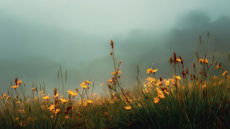 A picturesque meadow adorned with vibrant yellow wildflowers emerges from soft morning mist, creating a peaceful and tranquil scene filled with natural beauty.の素材