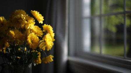 A stunning arrangement of bright yellow flowers in a clear vase near a window, illuminating a cozy indoor space with soft natural light and warmth.の素材