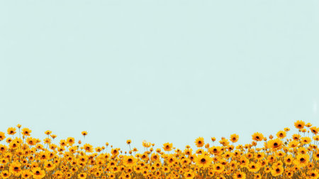 A stunning field of sunflowers stretches across the frame, set against a soft blue sky. This scene evokes feelings of happiness, natureの素材