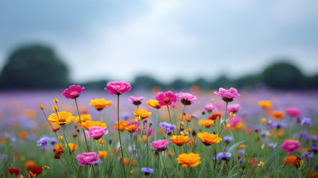 A stunning field of vibrant flowers showcases an array of colorful blooms, highlighting the essence of nature's beauty in a serene and tranquil landscape.の素材