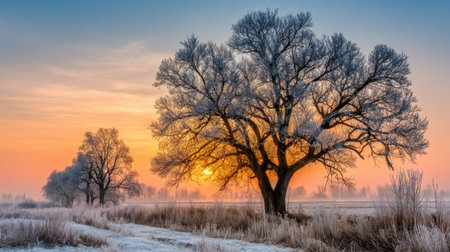 A breathtaking winter sunrise illuminates frosted trees and a misty landscape. This serene scene captures the beauty and tranquility of nature's winter wonderland.の素材