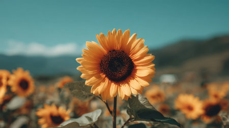 A stunning close-up of a vibrant sunflower standing tall amidst a sprawling field, showcasing its bright yellow petals against a serene blue sky, evoking joy and tranquility.の素材