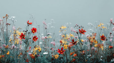 A stunning display of wildflowers in a vibrant meadow showcases a variety of colorful blooms against a soft gray backdrop, emphasizing nature's exquisite beauty.の素材