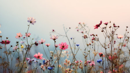 A stunning display of vibrant wildflowers creates a serene and tranquil atmosphere in a beautiful meadow. The soft light illuminates the colorful petals, enhancing their beauty.の素材