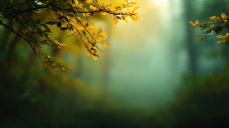 Experience the beauty of an autumn forest as warm yellow leaves frame a soft lit misty background, creating a peaceful atmosphere in nature's embrace.の素材