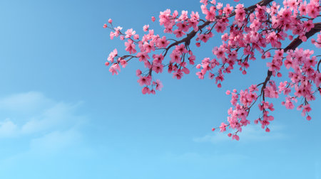 A beautiful cherry blossom branch adorned with vibrant pink flowers stretches across a clear blue sky, capturing the essence of spring and nature's splendor.の素材