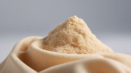A close-up of a soft golden powder delicately resting on smooth fabric, capturing the essence of simple elegance, perfect for culinary, beauty, and lifestyle contexts.の素材