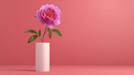 This stunning image features a delicate pink peony flower in a minimalist vase against a soft pink background, perfect for enhancing floral decor and interior aesthetics.の素材