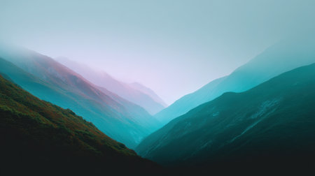 Captivating mountain landscape captured at dawn, featuring misty valleys and soft light. This serene scene embodies tranquility and natural beauty, perfect for nature enthusiasts.の素材