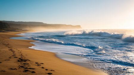This stunning beach landscape captures the calm waves and golden sand at sunrise, depicting a tranquil scene perfect for relaxation and nature lovers.の素材