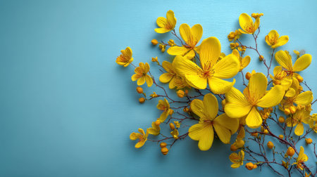 A stunning arrangement of bright yellow flowers set against a soft blue background, perfect for adding a touch of vibrancy to modern decor and seasonal celebrations.の素材