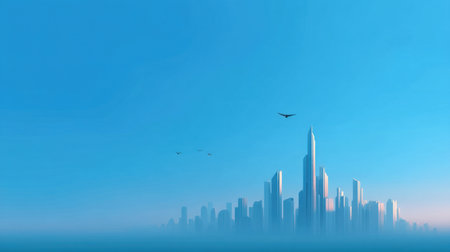 A stunning view of a futuristic city skyline against a clear blue sky. The scene features modern architecture with high-rise buildings and flying birds, creating a tranquil atmosphere.の素材