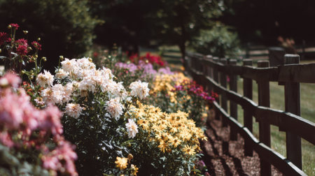 A stunning display of colorful flowers lines a wooden fence in a serene park setting, capturing the essence of nature's beauty in vivid hues. Perfect for floral and landscape themes.の素材
