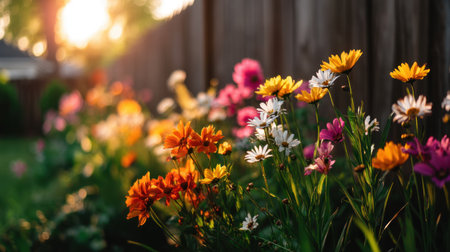 A stunning display of colorful flowers in a garden at sunset, glowing softly in warm light. This image captures the beauty of nature and tranquility in an outdoor setting.の素材