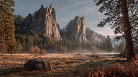 Stunning view of granite cliffs towering over a misty meadow at dawn, featuring lush evergreen trees and a serene atmosphere perfect for nature lovers.の素材