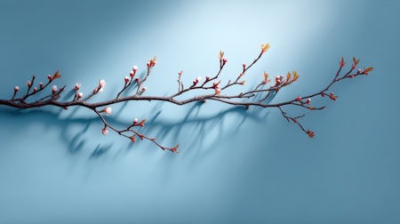 A beautifully arranged delicate branch adorned with budding flowers rests against a soft blue background, emphasizing the beauty of nature and springtime elegance.の素材