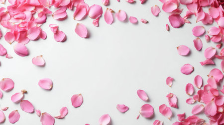 A beautiful display of pink petals scattered gracefully over a clean white background, perfect for representing romance, beauty, and nature in creative projects.の素材