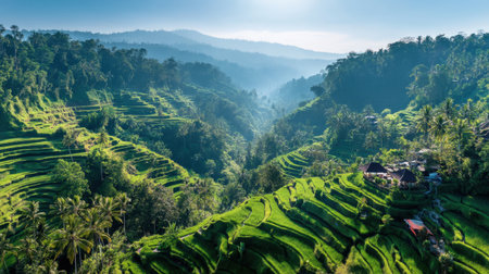 Explore the breathtaking beauty of lush green rice terraces in Bali, where nature, tranquility, and stunning landscapes combine under soft morning light.の素材