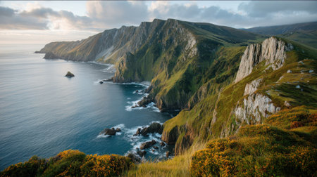 Breathtaking view of steep cliffs rising above a tranquil ocean, illuminated by soft morning light, showcasing the beauty of untouched nature and vibrant greenery.の素材