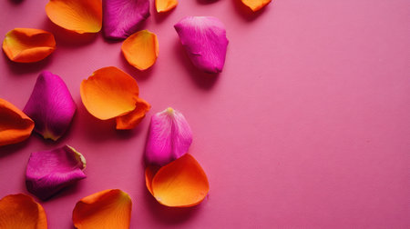Colorful petals in pink and orange scattered on a bright pink surface create a vibrant and fresh aesthetic, perfect for floral designs and decorative projects.の素材