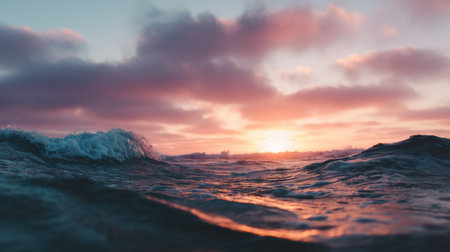 A beautiful scene showcasing a serene ocean sunset with gentle waves and colorful clouds. This tranquil coastal landscape captures the essence of nature and peace.の素材