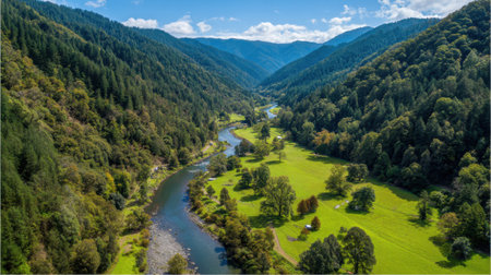 An expansive aerial view showcases a picturesque valley with a winding river, vibrant green hills, and lush trees, creating a serene atmosphere perfect for outdoor enthusiasts.の素材