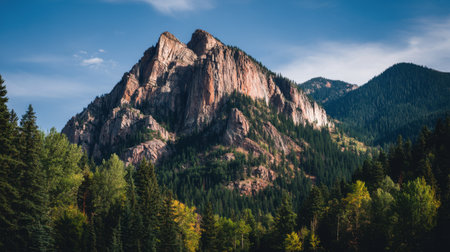 Explore the stunning beauty of a rocky mountain landscape framed by lush trees under a clear blue sky, perfect for nature lovers and outdoor enthusiasts seeking tranquility.の素材