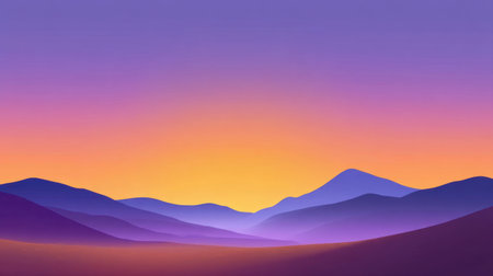 A captivating digital artwork featuring a serene landscape at sunset. Soft hues of purple and orange blend in the sky above distant mountains, creating tranquility.の素材