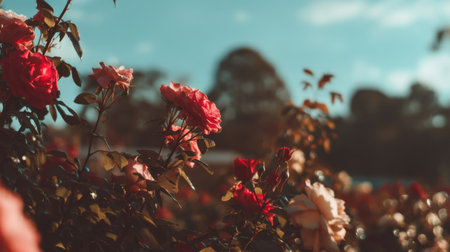 A stunning display of colorful roses in a lush garden, highlighted by a bright blue sky and soft fluffy clouds, creates a serene outdoor atmosphere perfect for relaxation.の素材