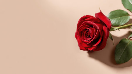 A stunning red rose rests elegantly against a soft beige background. This image evokes feelings of love, beauty, and romance, perfect for various occasions.の素材