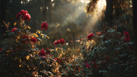 A beautiful garden scene featuring vibrant red roses illuminated by gentle rays of sunlight, creating a peaceful atmosphere in a natural landscape during morning hours.の素材