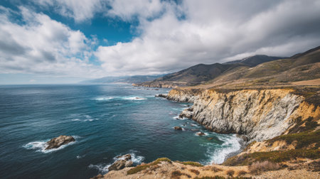 A breathtaking view showcasing the serene ocean juxtaposed with rugged cliffs, dotted with swirling waves beneath a dramatic sky, perfect for nature enthusiasts.の素材