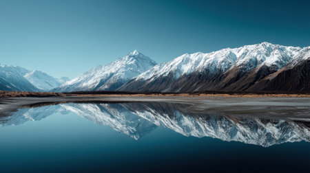 Discover the breathtaking beauty of snow-capped mountains reflecting in a tranquil lake. A perfect image for travel, nature enthusiasts, and serene landscapes.の素材