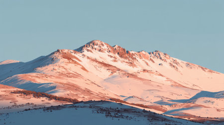 This captivating image showcases snow-capped mountains illuminated by soft sunrise light. The scene reflects tranquility, natural beauty, and the grandeur of winter landscapes.の素材