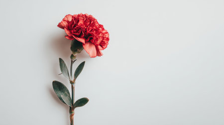 A striking image of a single red carnation with lush green leaves set against a soft light background, perfect for nature and floral designs in various creative projects.の素材