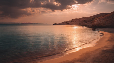 Experience the serene beauty of a tranquil sunset over calm waters, with dramatic clouds above and a picturesque shoreline, perfect for nature enthusiasts and relaxation.の素材