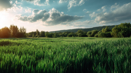 Explore the breathtaking view of vast green fields stretching under a stunning sky filled with soft clouds and warm sunlight, reflecting nature's tranquil beauty.の素材