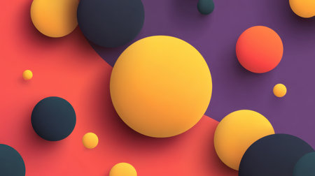 This abstract image features colorful spheres of various sizes set against a purple and red background, creating a modern aesthetic suitable for diverse creative projects.の素材