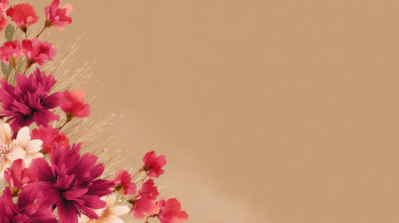 A stunning floral composition showcases vibrant pink and red blooms on a light brown background, perfect for adding a touch of elegance and beauty to any project.の素材