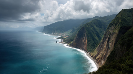 Stunning view of a coastal landscape showcasing towering cliffs, lush mountains, and gentle ocean waves under a dramatic sky, inviting exploration and tranquility.の素材