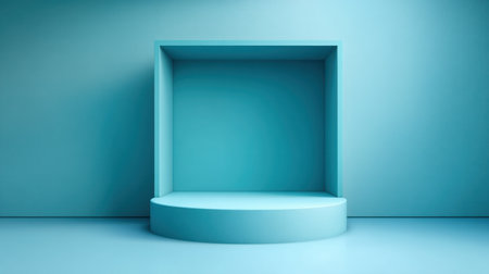 A clean and minimalistic display area featuring a rounded platform against a solid blue wall, perfect for showcasing products or artistic presentations in modern environments.の素材