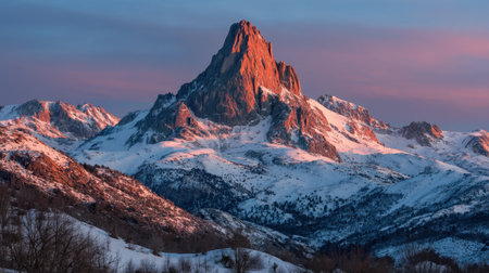 A stunning view of a majestic mountain peak illuminated by warm sunrise light, surrounded by a serene winter landscape, perfect for nature enthusiasts and travelers.の素材