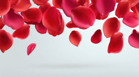 Experience the elegance of red rose petals floating gracefully against a soft white background, perfect for enhancing romantic themes and special celebrations.の素材