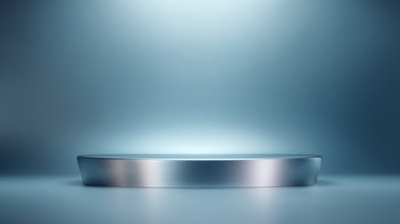 A sleek, round metallic platform set against a soft blue gradient background, ideal for showcasing products or artwork in a professional and minimalist style.の素材